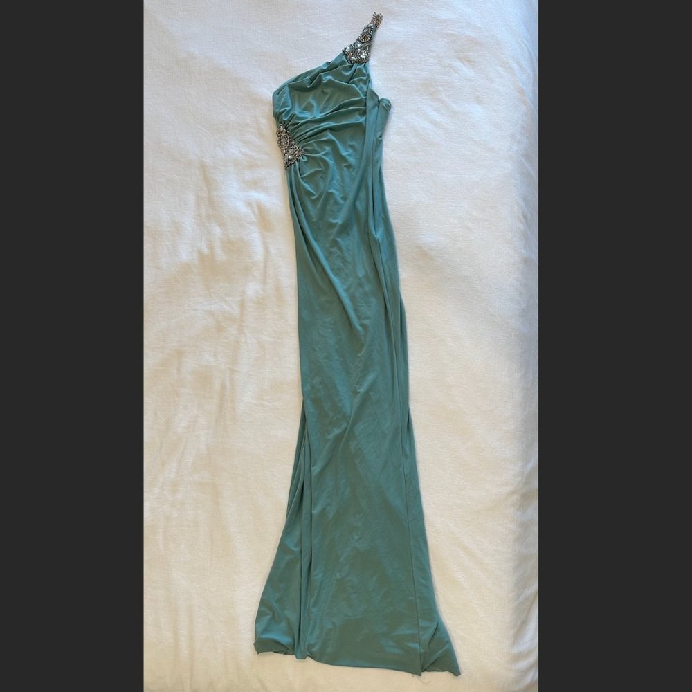 Mignon One Shoulder Dress with Rhinestone Draped Back in Seamist in Size 2